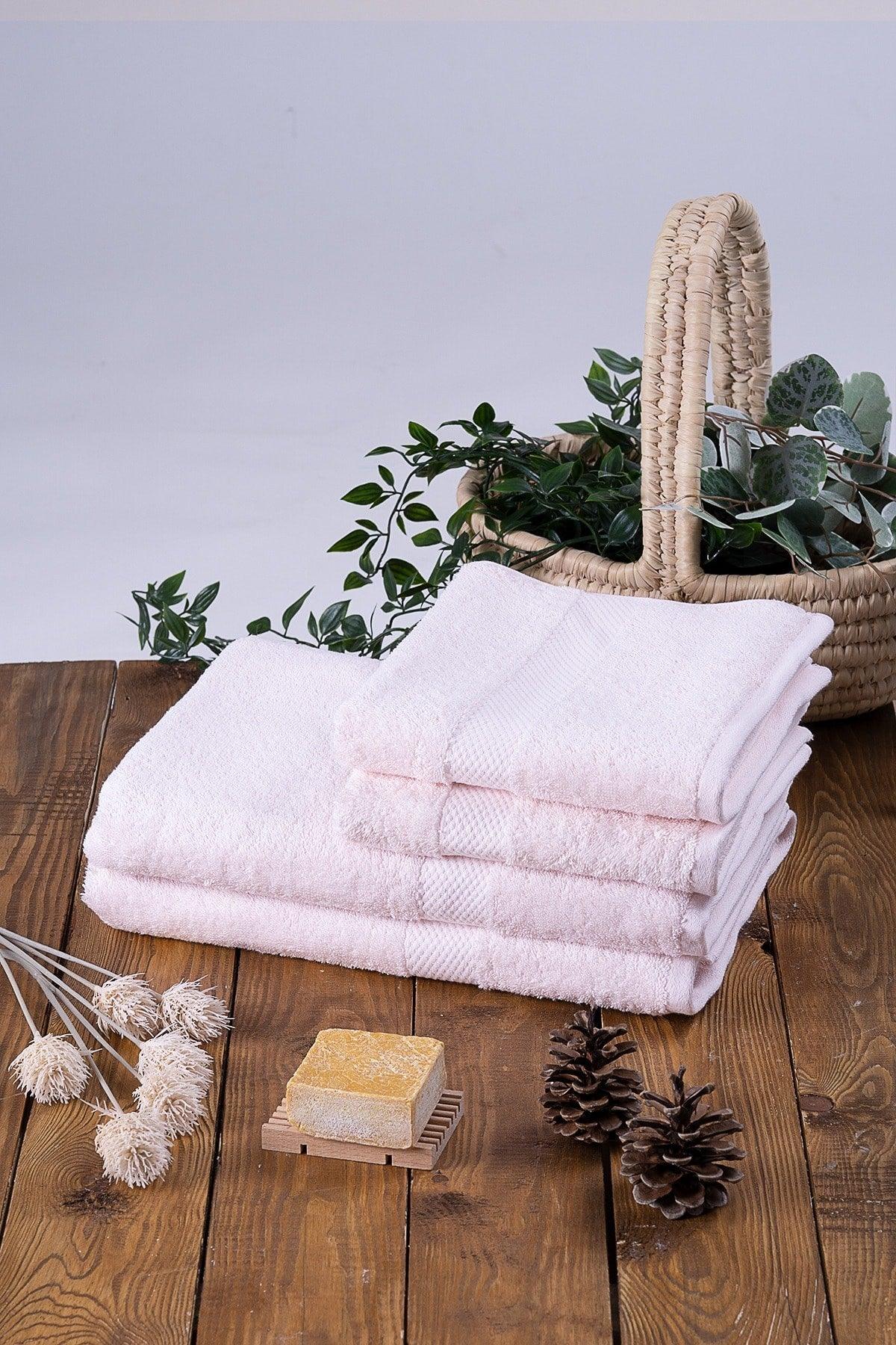 100% Cotton Pink Set of 4 for 2 Hands, Face Towels and 2 Bath Towels - 2 pcs 70x130 2 pcs 50x80 - Swordslife