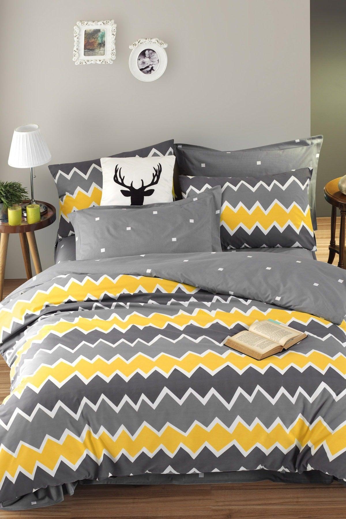 100% Natural Cotton Double Duvet Cover Set Zigros Yellow - Swordslife