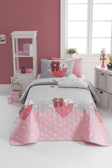 100% Natural Cotton Quilted Bedspread Set Single Felices Grey-Pink - Swordslife