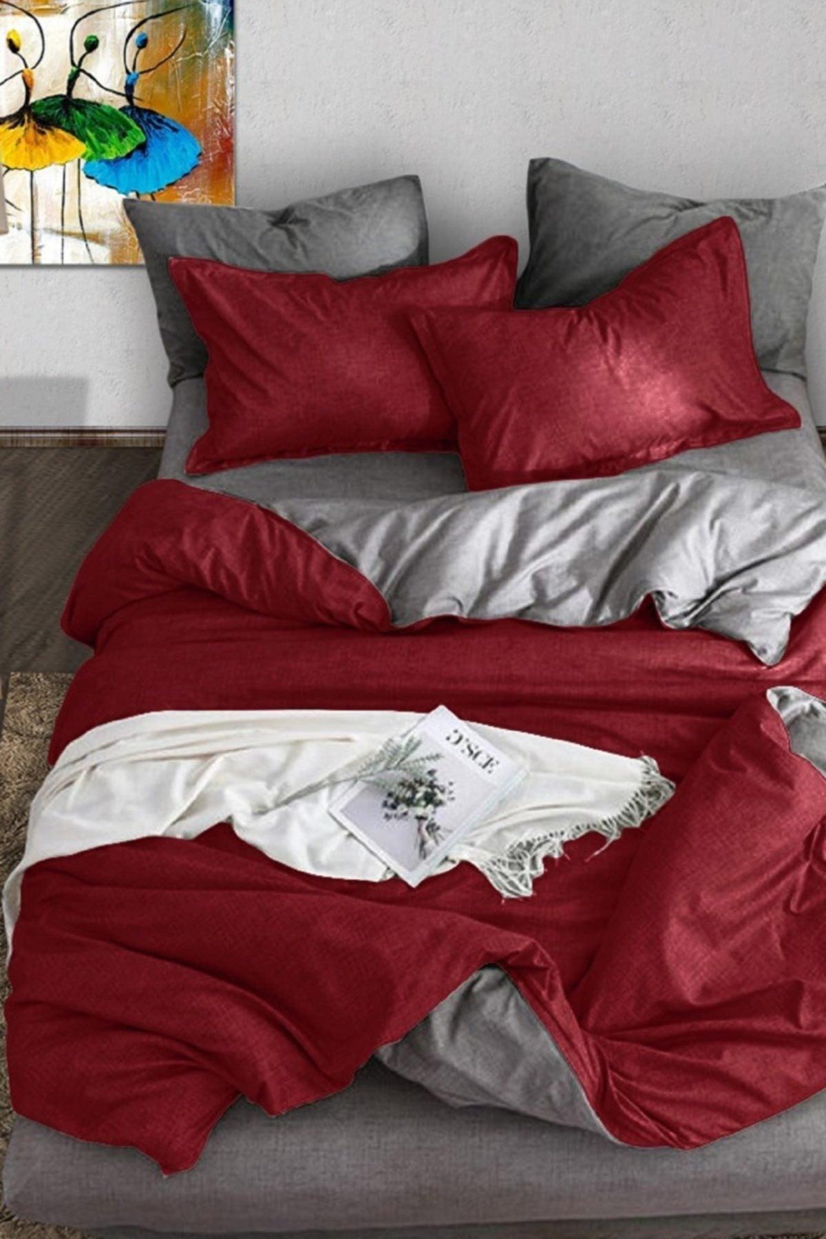 100% Natural Cotton Double Duvet Cover Set Red Gray - Swordslife