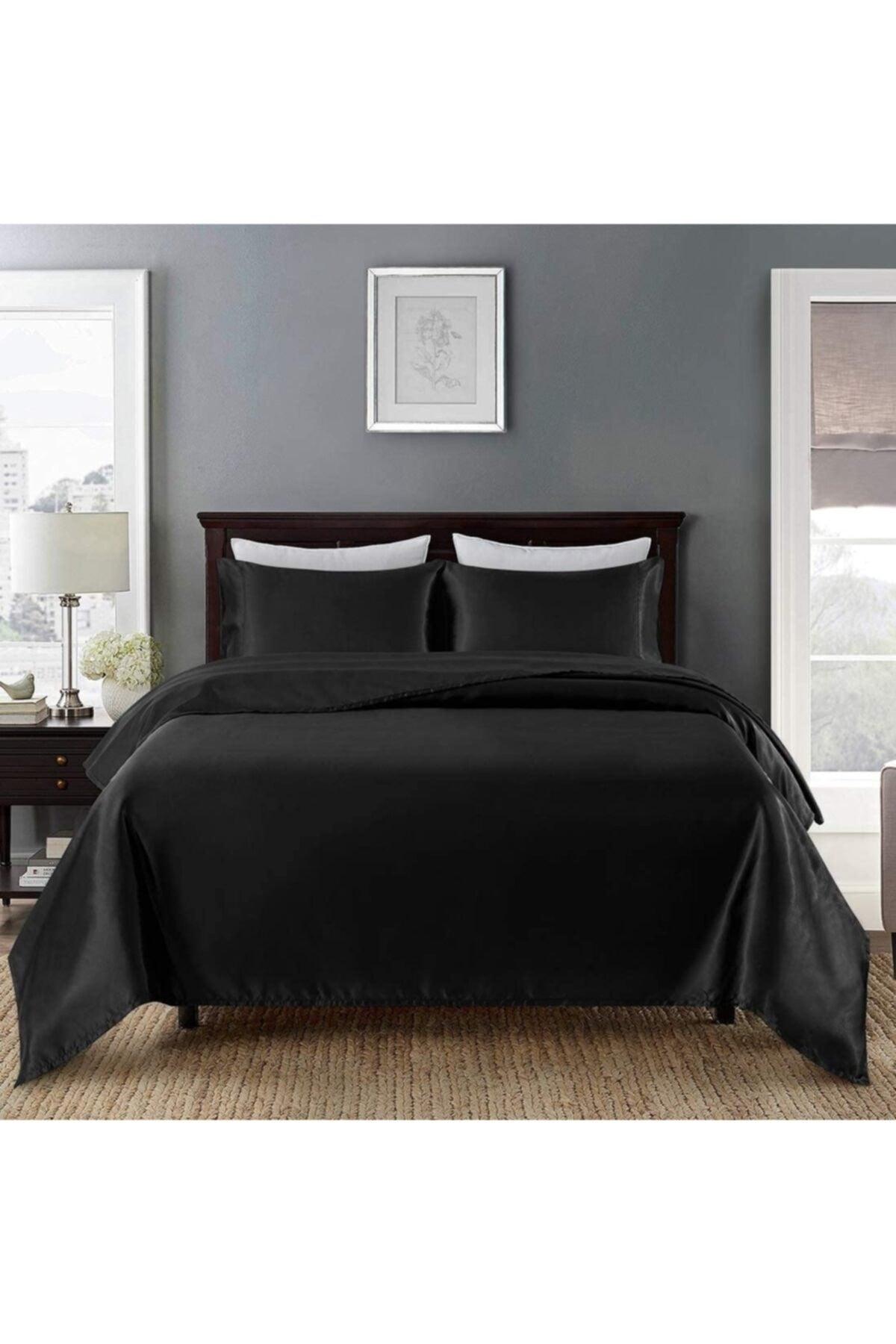 100% Silk Satin 4 Pieces Double Duvet Cover Set 200x220 Cm Elastic Bed Sheet Black Color - Swordslife