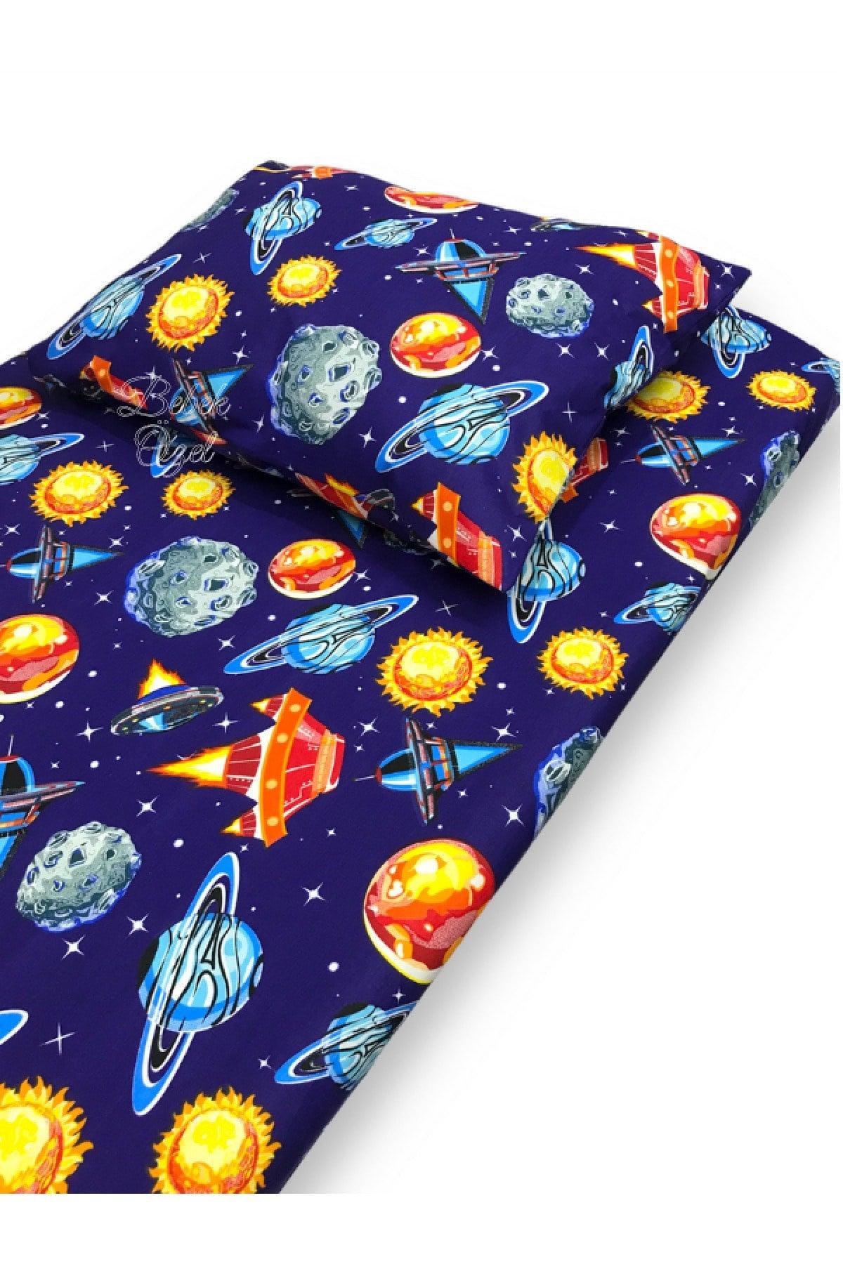 100% Cotton Baby And Kids Elastic Bed Sheet And Pillowcase 70x110 Navy Blue Planets - Swordslife