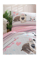 100% Cotton Linen Elastic Single Duvet Cover Set Sweety Dogs Pink - Swordslife