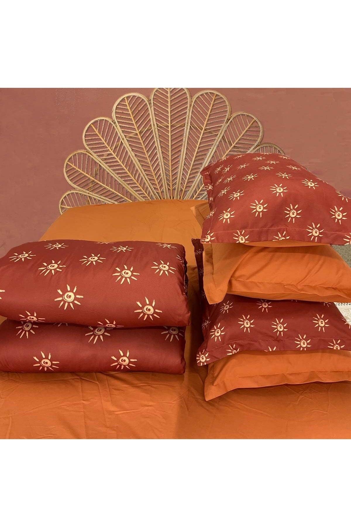 100% Cotton Satin 6 Pieces Claret Red-orange Lora Double Duvet Cover Set - Swordslife