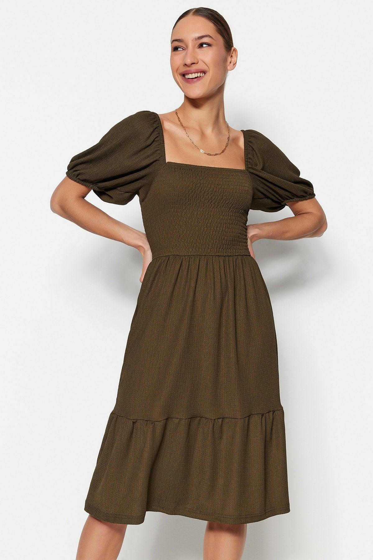 Khaki Waist Drop/Skater Square Neck Balloon Sleeve Midi Crepe Knitted Dress TWOSS22EL1088 - Swordslife