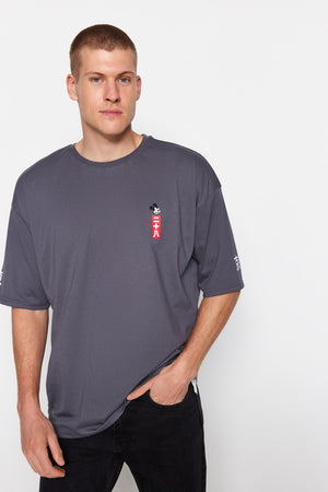Anthracite Men'S Oversize Crew Neck Short Sleeve Mickey Mouse Printed Licensed Cotton T-Shirt
