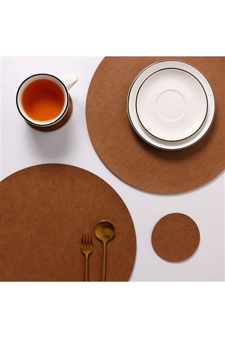 12 Pieces Tan Round Leather Placemat Supla Heat Resistant Non-Slip Washable - Swordslife