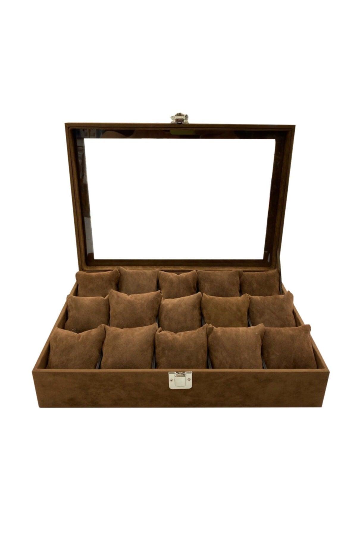 15pcs Wooden, Glass Watch Box Brown Native Suede Coated Brown Suede Padded - Swordslife