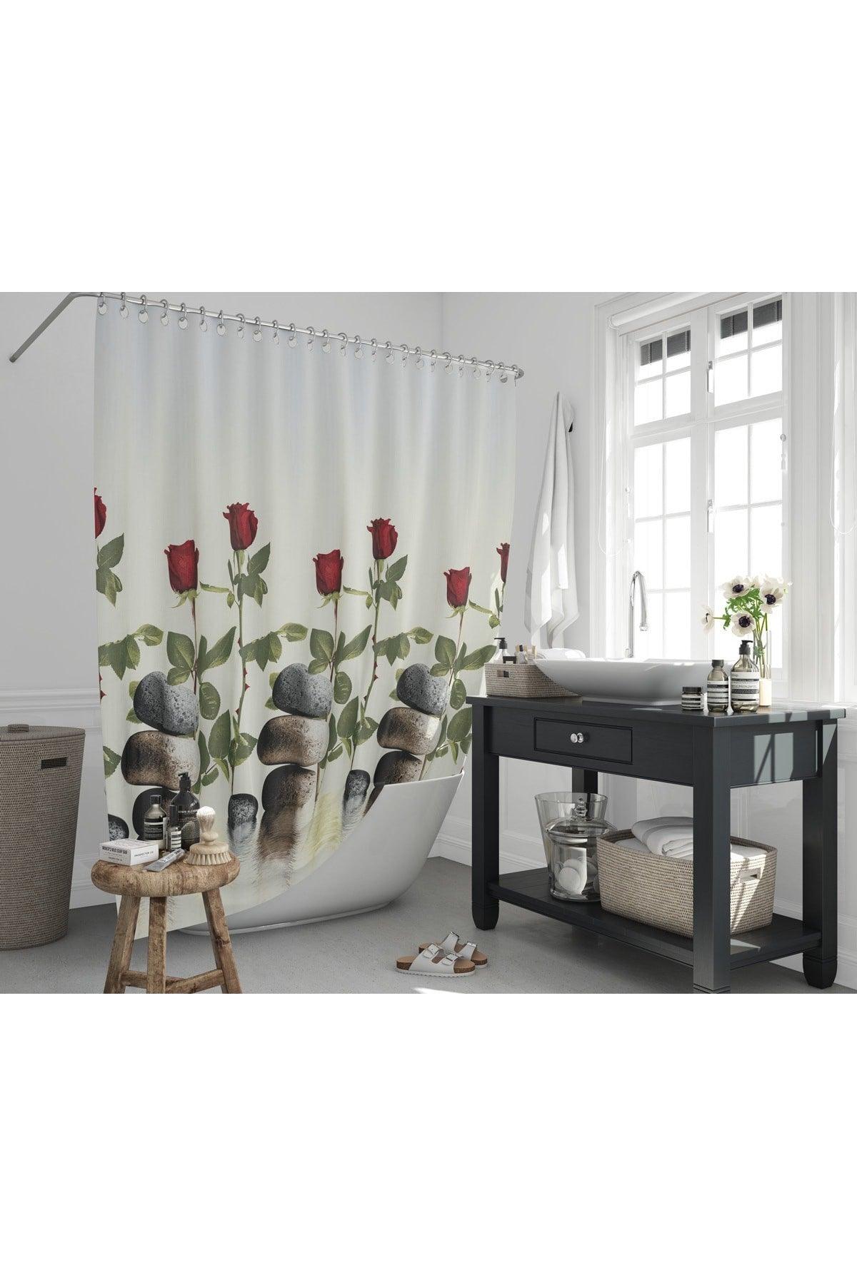 180x200cm Bathroom Curtain Red Rose Pattern Shower Curtain-single Wing Tub Curtain 12 Pieces C Ring Gift - Swordslife