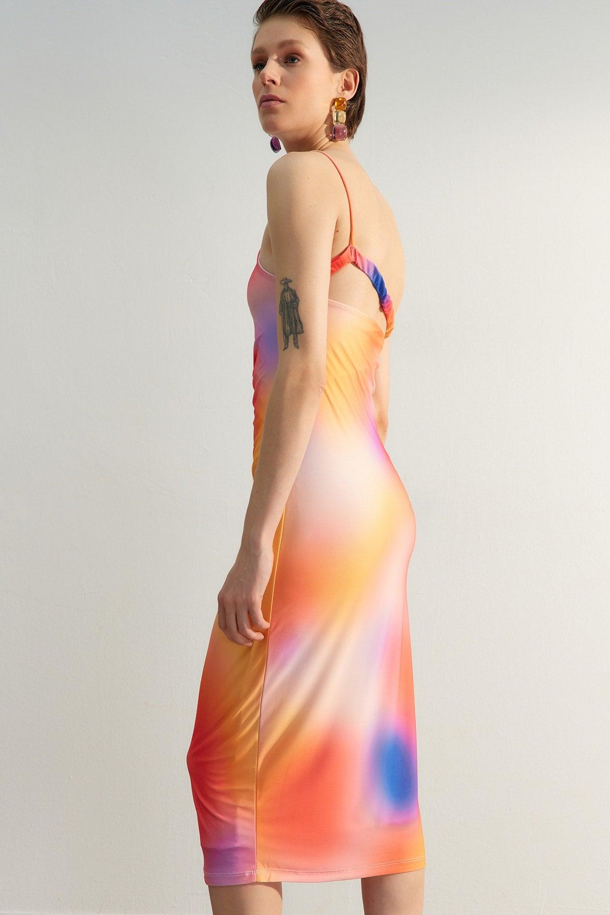 Limited Edition Multicolor Printed Fitted Midi One-Shoulder Stretch Knit Dress TWOSS23EL01577 - Swordslife