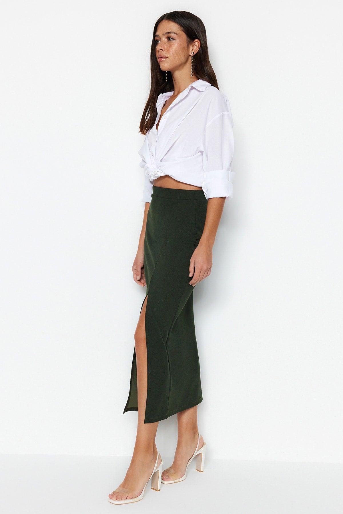 Khaki Slit Detailed Crepe Maxi Knitted Skirt TWOSS23ET00351 - Swordslife