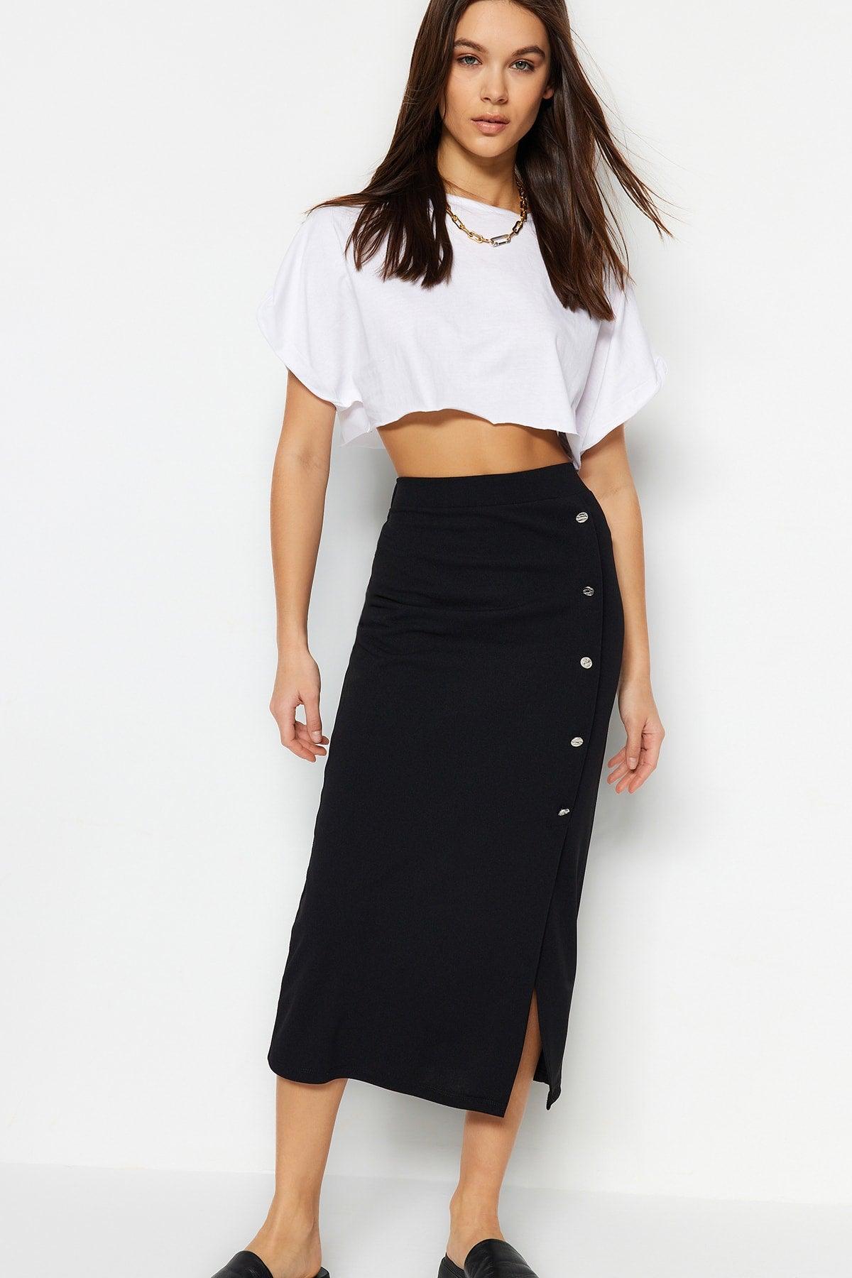 Black Button Detailed High Waist Midi Smart Crepe Knitted Pencil Skirt TWOSS23ET00320 - Swordslife