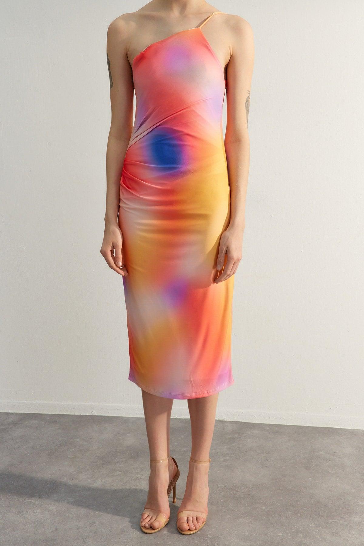 Limited Edition Multicolor Printed Fitted Midi One-Shoulder Stretch Knit Dress TWOSS23EL01577 - Swordslife