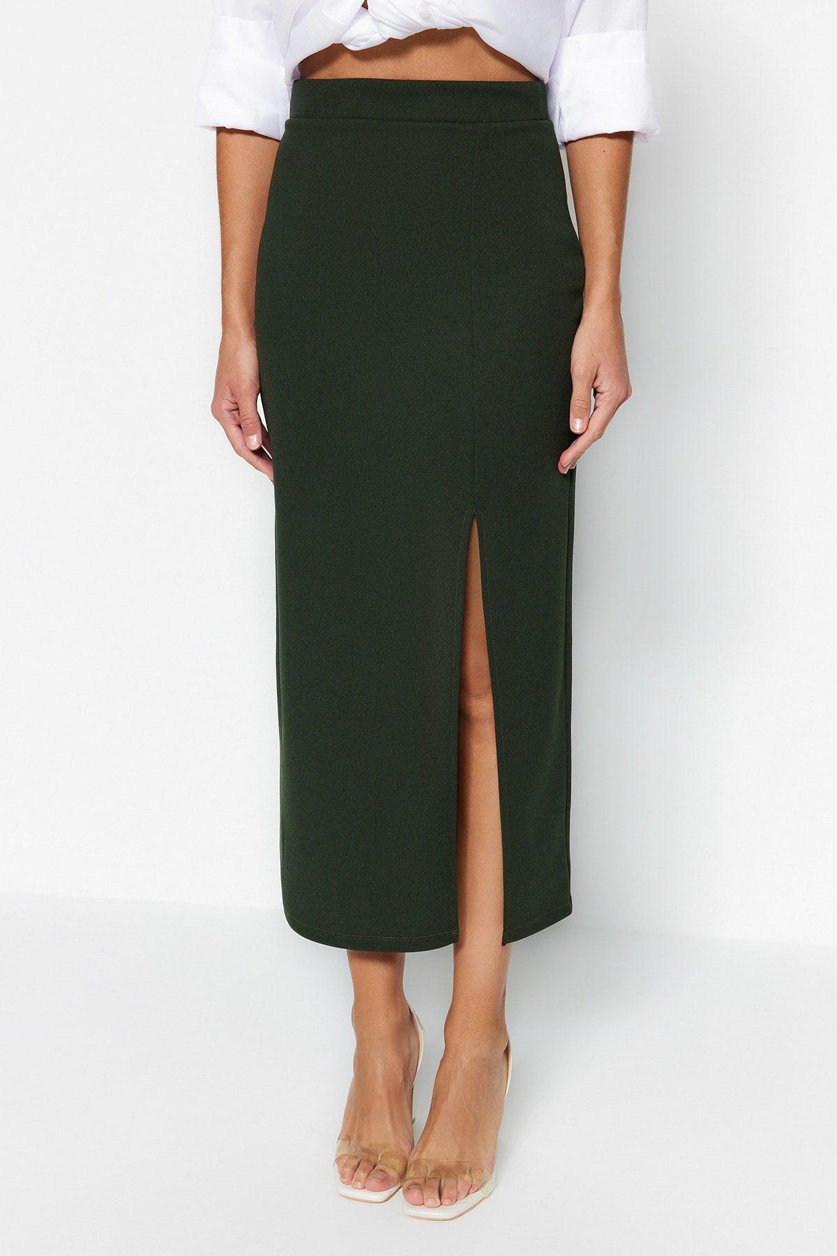 Khaki Slit Detailed Crepe Maxi Knitted Skirt TWOSS23ET00351 - Swordslife