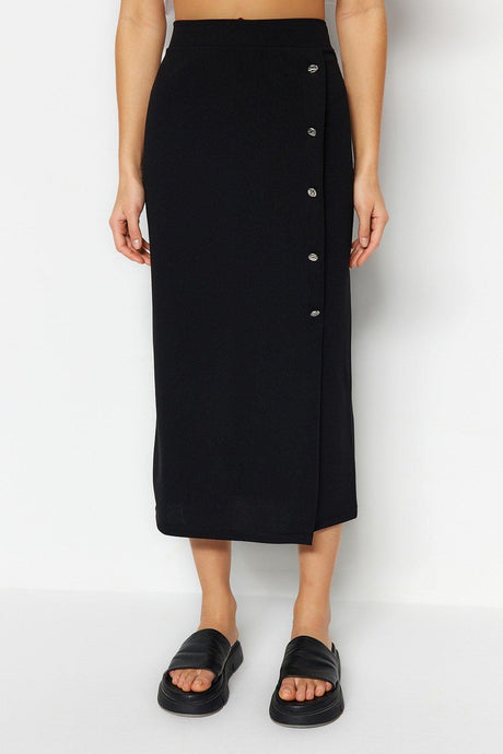 Black Button Detailed High Waist Midi Smart Crepe Knitted Pencil Skirt TWOSS23ET00320 - Swordslife