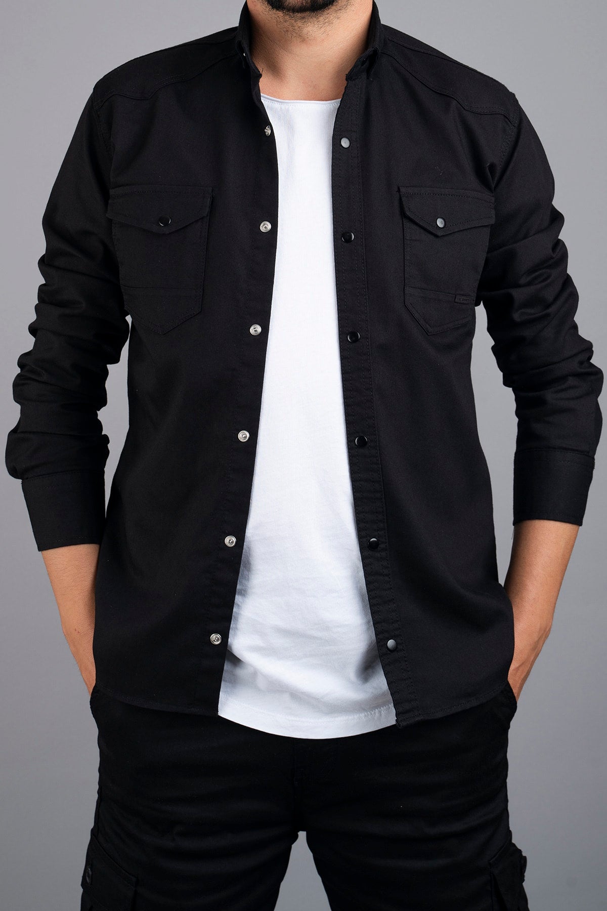 Slim Fit Men'S Denim Shirt Black