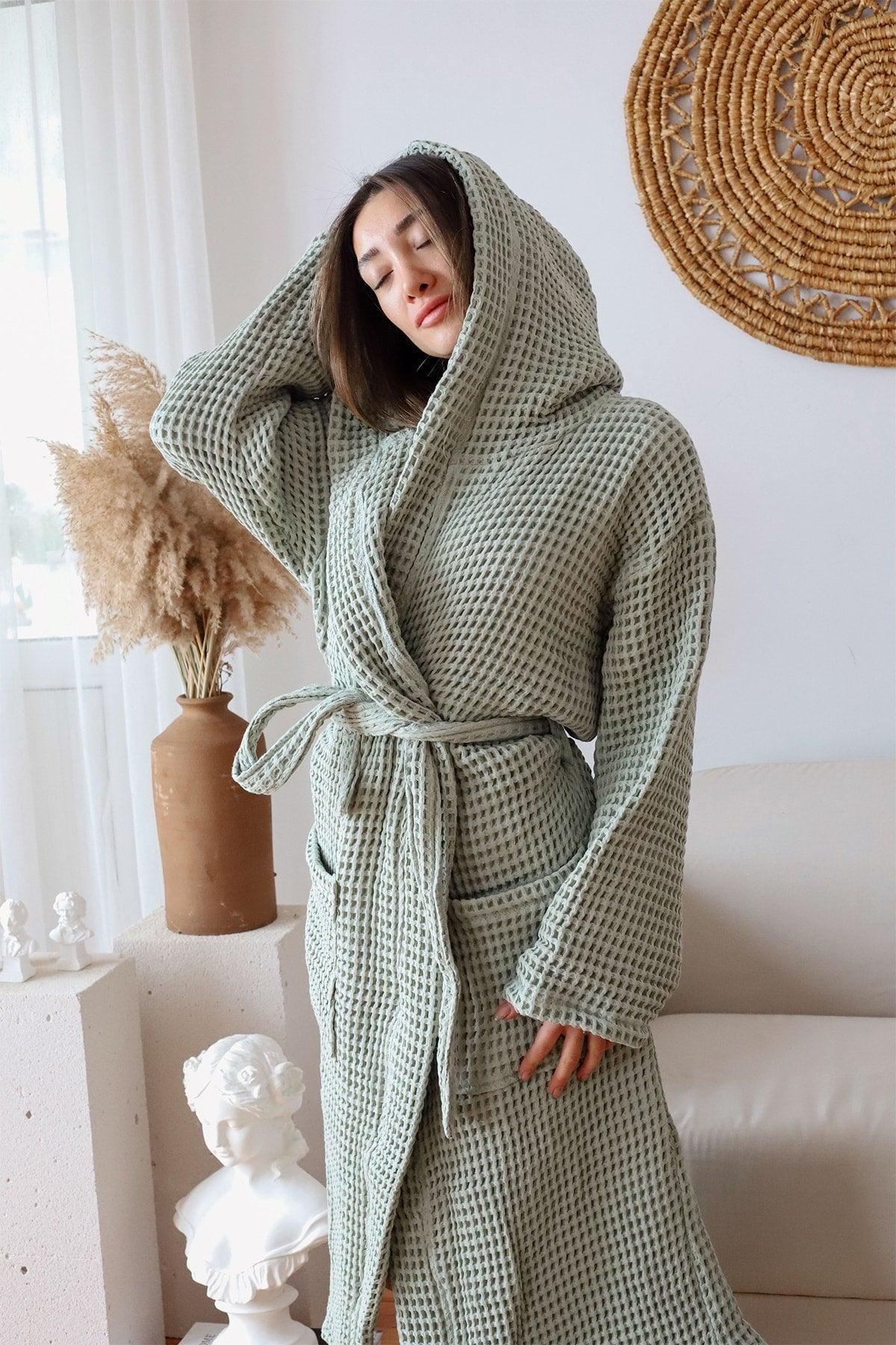 Waffle Adult Bathrobe Soft Pique Fabric Hooded Sage Green - Swordslife