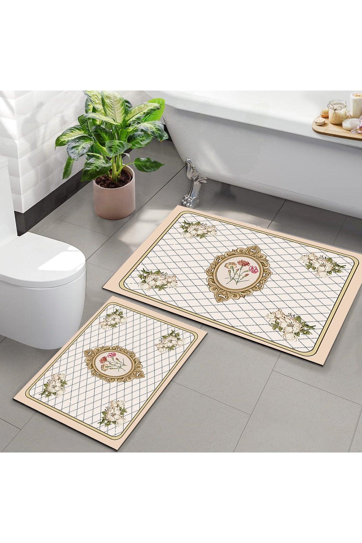 Else Pink Floral Patterned Washable Non-Slip Base 2 Pcs. Bathroom Carpet Doormat Closet Set - Swordslife