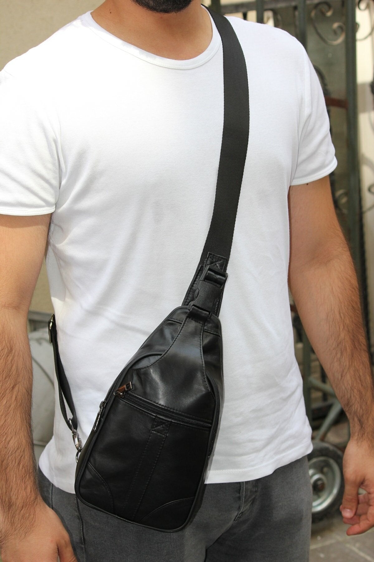 Black Genuine Leather Crossbody Four Compartment Adjustable Shoulder Strap Unisex Bag