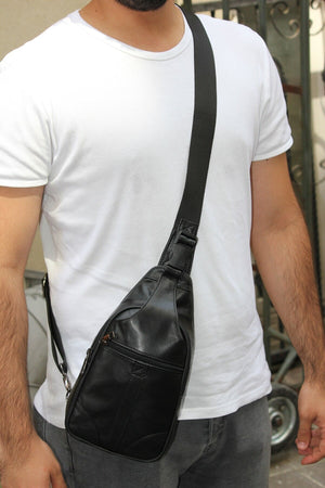 Black Genuine Leather Crossbody Four Compartment Adjustable Shoulder Strap Unisex Bag