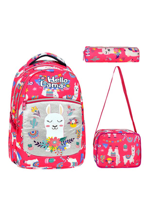 Set Of 3, Llama Patterned Patterned Primary School Bag Lunch Box Pen Holder