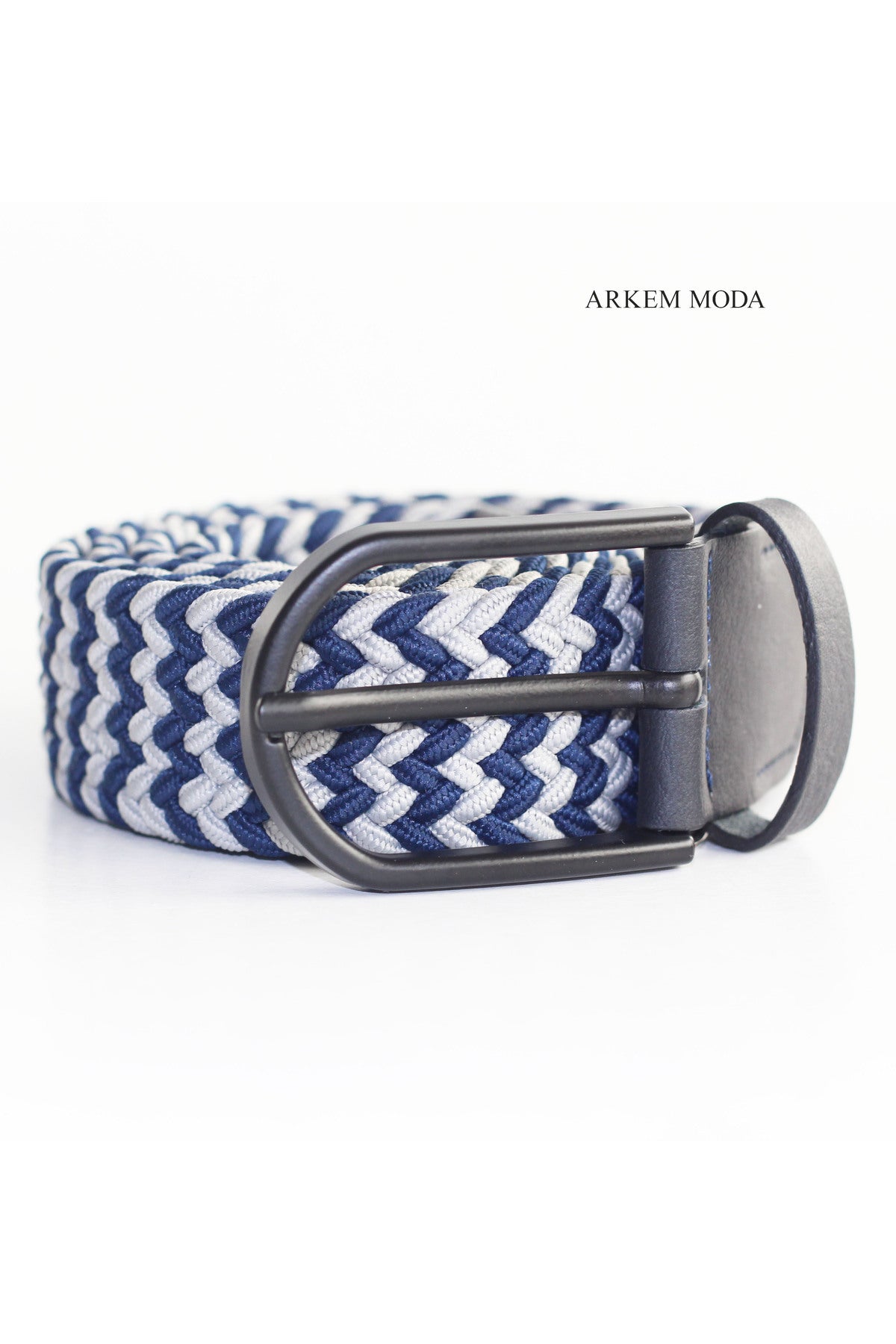 Braided Elastic Belt Navy Blue-Grey Denim, Jean, Sort Men's Belt 3,5 Cm