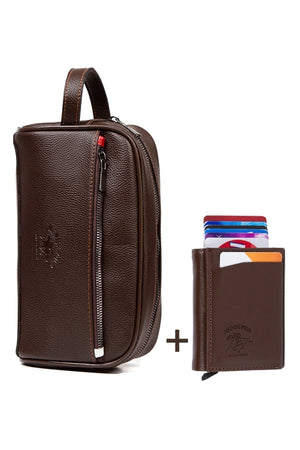 Men'S Leather Travel Shaving Cosmetic Handbag Portfolio Bag And Mechanism Wallet Set