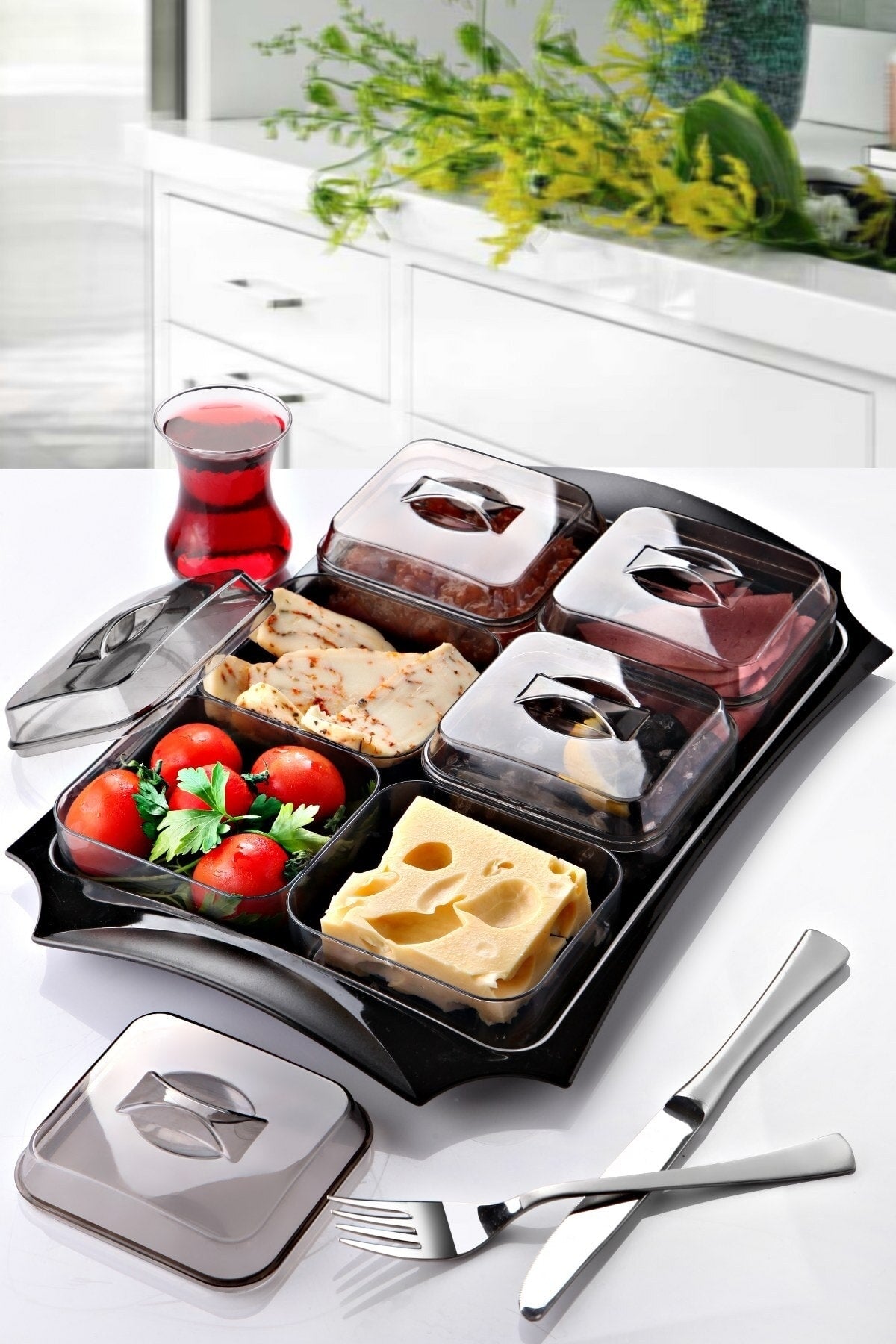 6-Piece Large Tray Square Compartment Covered Breakfast Set - Breakfast Set With Ready Tray