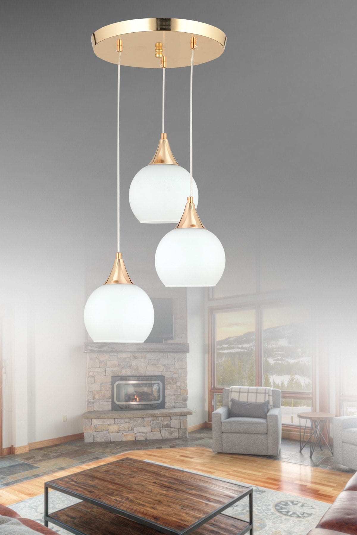 Sante 3-Piece Gold White Glass Modern Pendant Lamp Chandelier Living Room Kitchen Room Hallway Chandelier