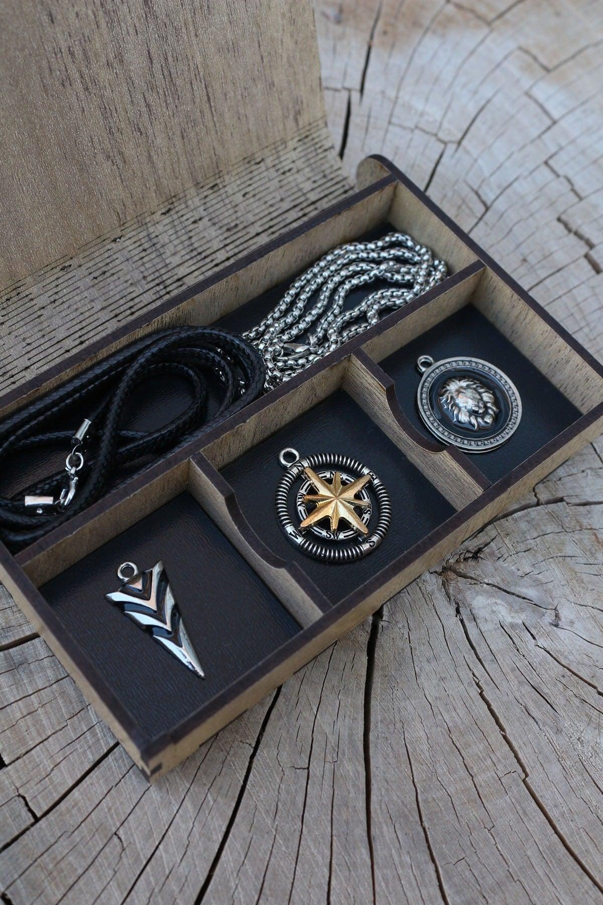 Necklace Set Wooden Special Gift Boxed Triagle Arrow, Pole Compass And Lion Imprint Rope And Chain - Swordslife