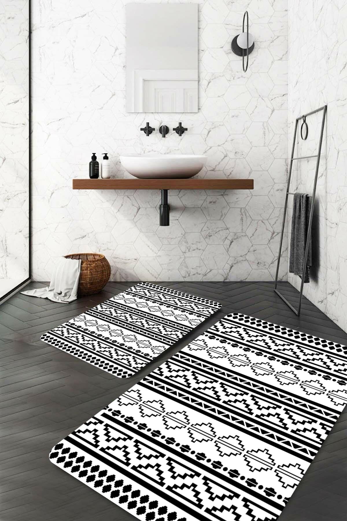 Kilim Motif Black and White Bath Mat - Swordslife