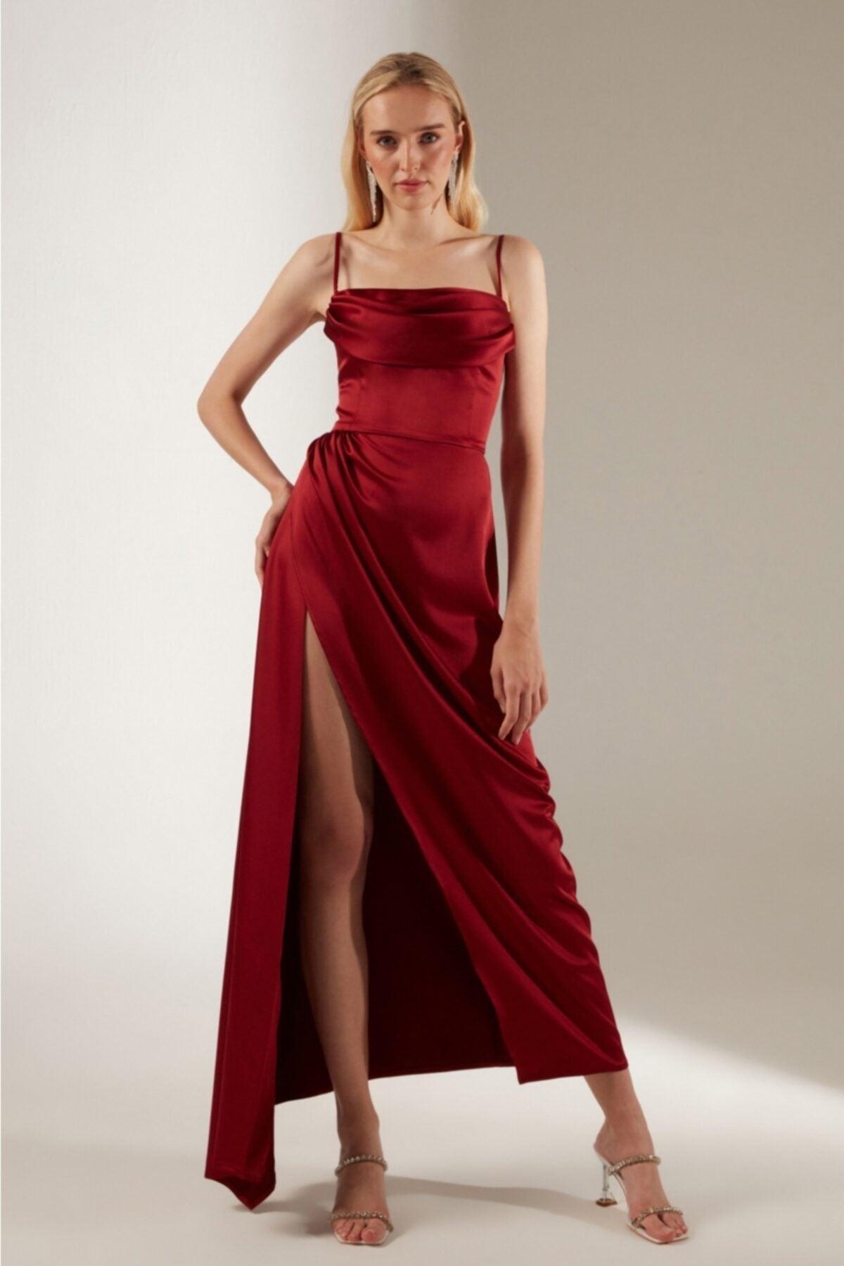 Dark Red Satin Draped Strap Dress - Swordslife