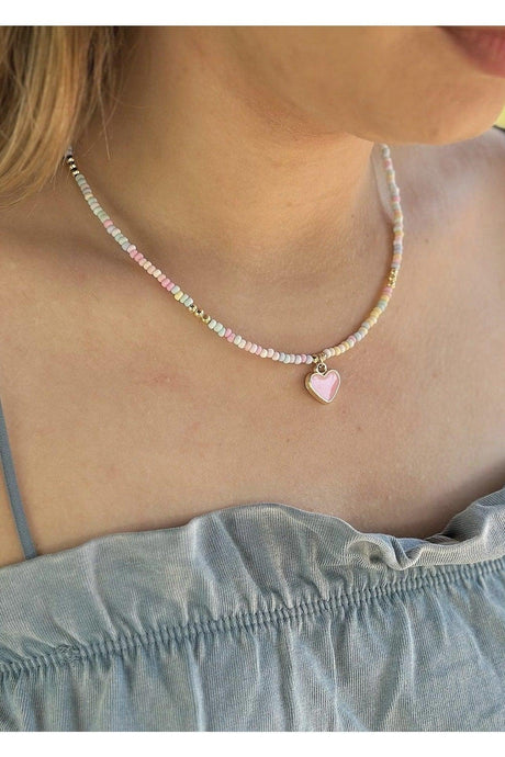 Sand bead multi color enamel heart necklace - Swordslife