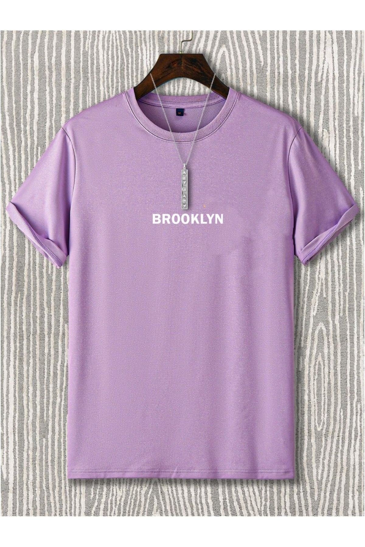 Black Sokak Men'S Lilac Brooklyn Printed Oversize Crew Neck Short Sleeved Tshirt