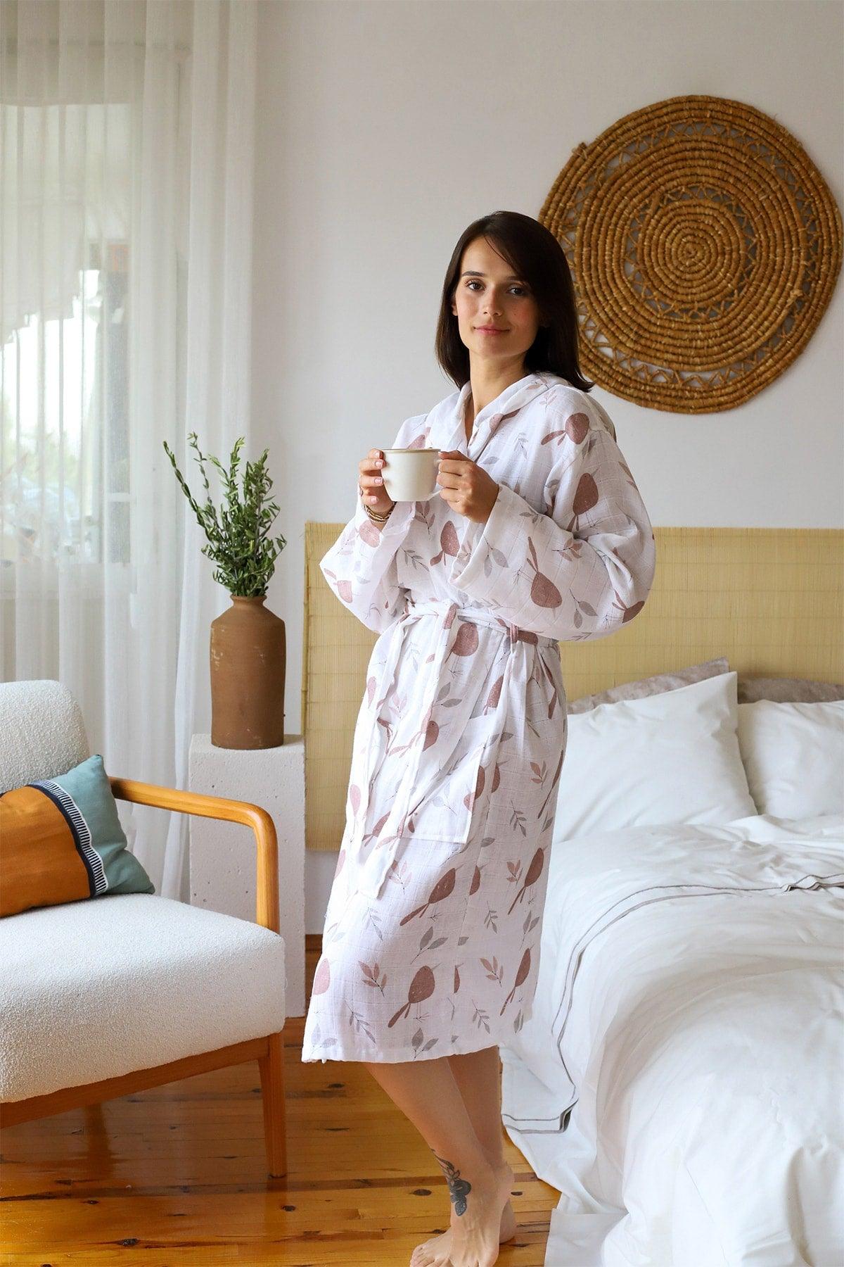 Adult Patterned Muslin Bathrobe, Special Design 100% Cotton 2 Layers Double Sided Hooded - Swordslife