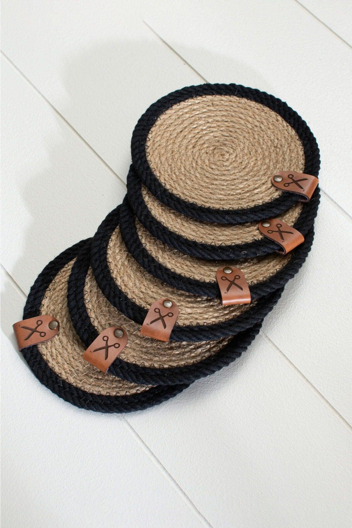 6 Pieces 13cm Black Striped Jute Straw Weave Coaster Presentation Set - Swordslife