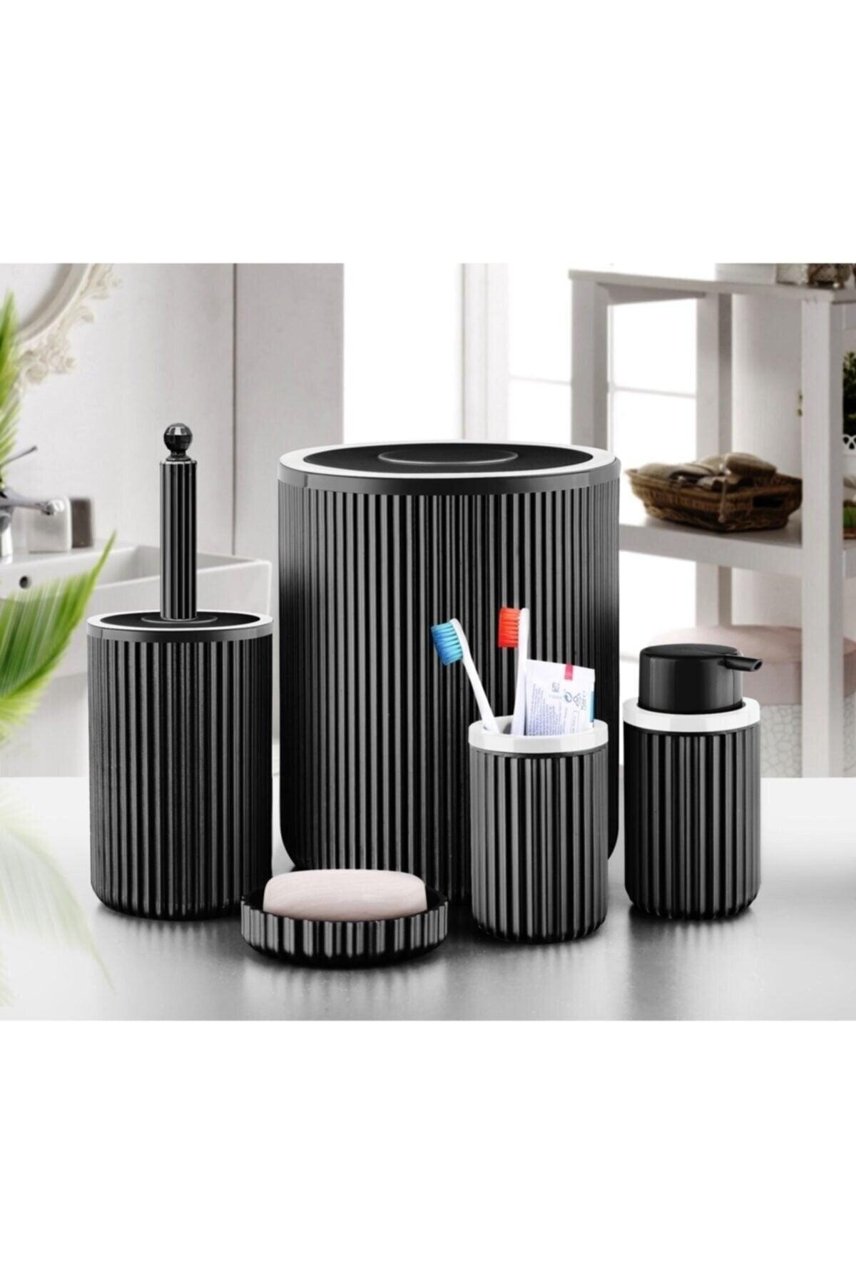 Trash Can Toilet Brush Liquid Soap Dispenser Toothbrush Holder Solid Soap Dispenser 5 Pieces Bathroom Set 5 Liters Black - Swordslife