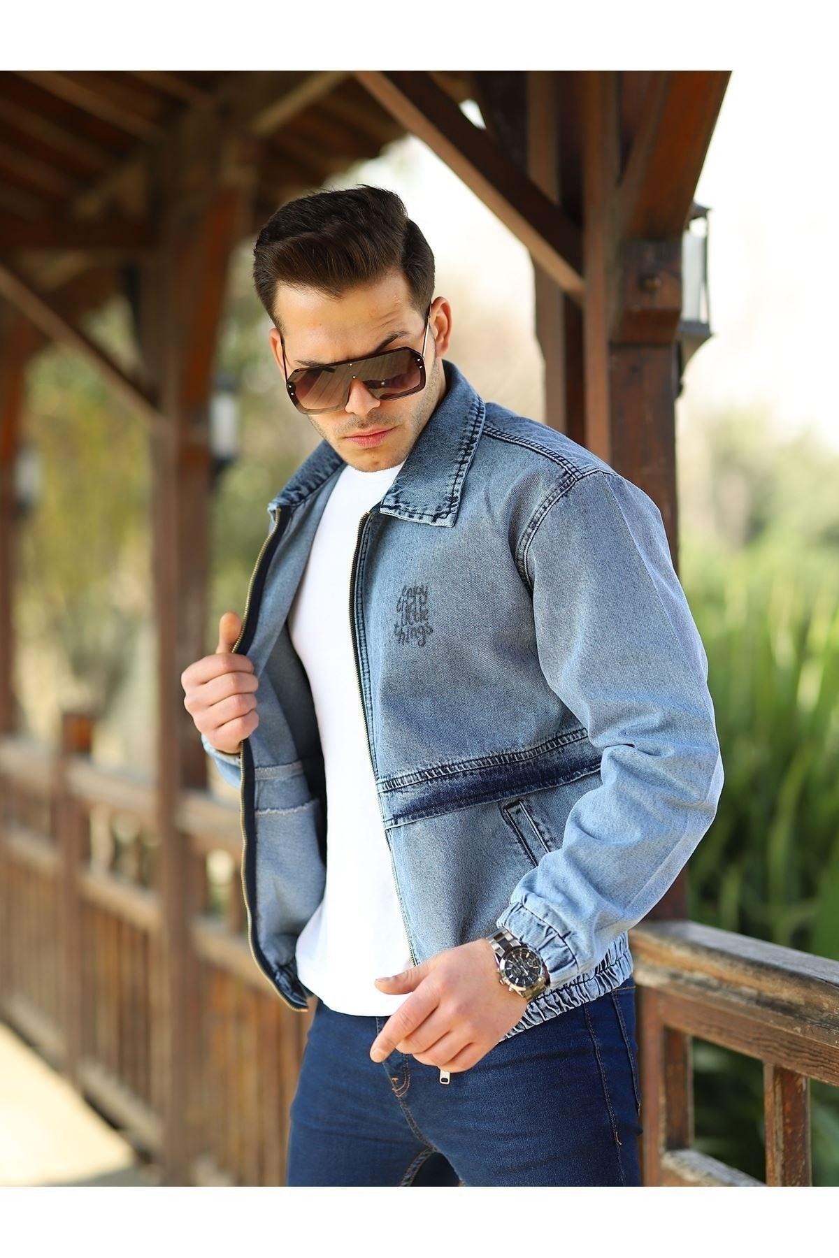 Men's Ice Blue Wash Printed Zippered Bomber Denim Jacket - Swordslife