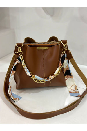 Women'S Tobacco Scarf Chain Accessory Soft Leather 3-Compartment Hand, Arm And Shoulder Bag