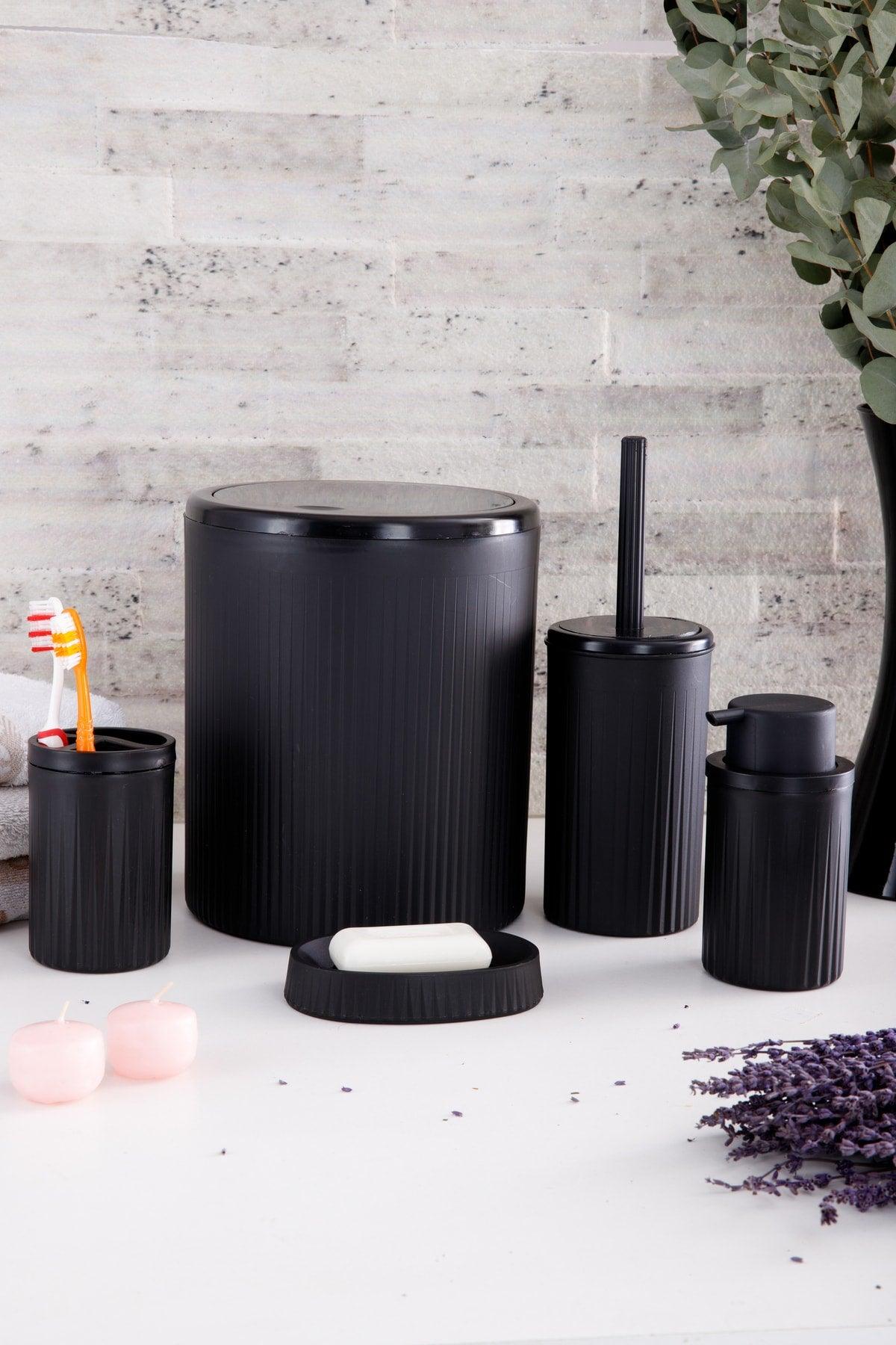 Black Striped Round 5 Pcs Bathroom Set 5 Pieces Dustbin Wc Brush Liquid Solid Soap Dispenser Brush Holder Set - Swordslife