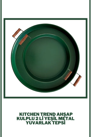 2 Pcs 51 Cm And 37 Cm Metal Round Green Tray With Wooden Handles Presentation Tray, Breakfast Tray