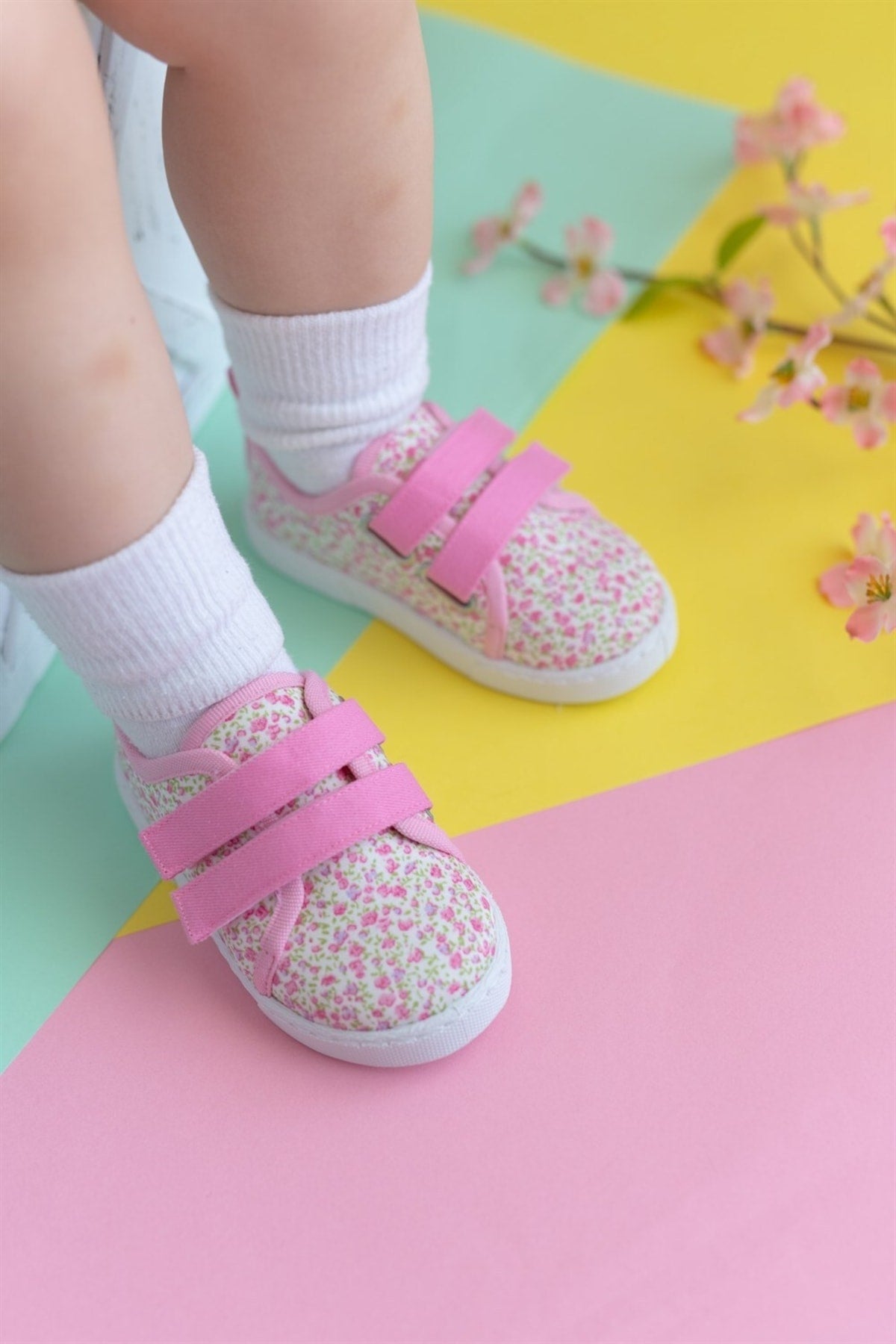 Floral Patterned Double Velcro Linen Children'S Sports Shoes-Pink-F-498
