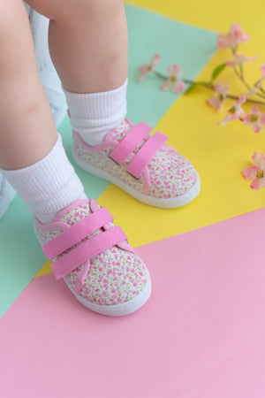 Floral Patterned Double Velcro Linen Children'S Sports Shoes-Pink-F-498