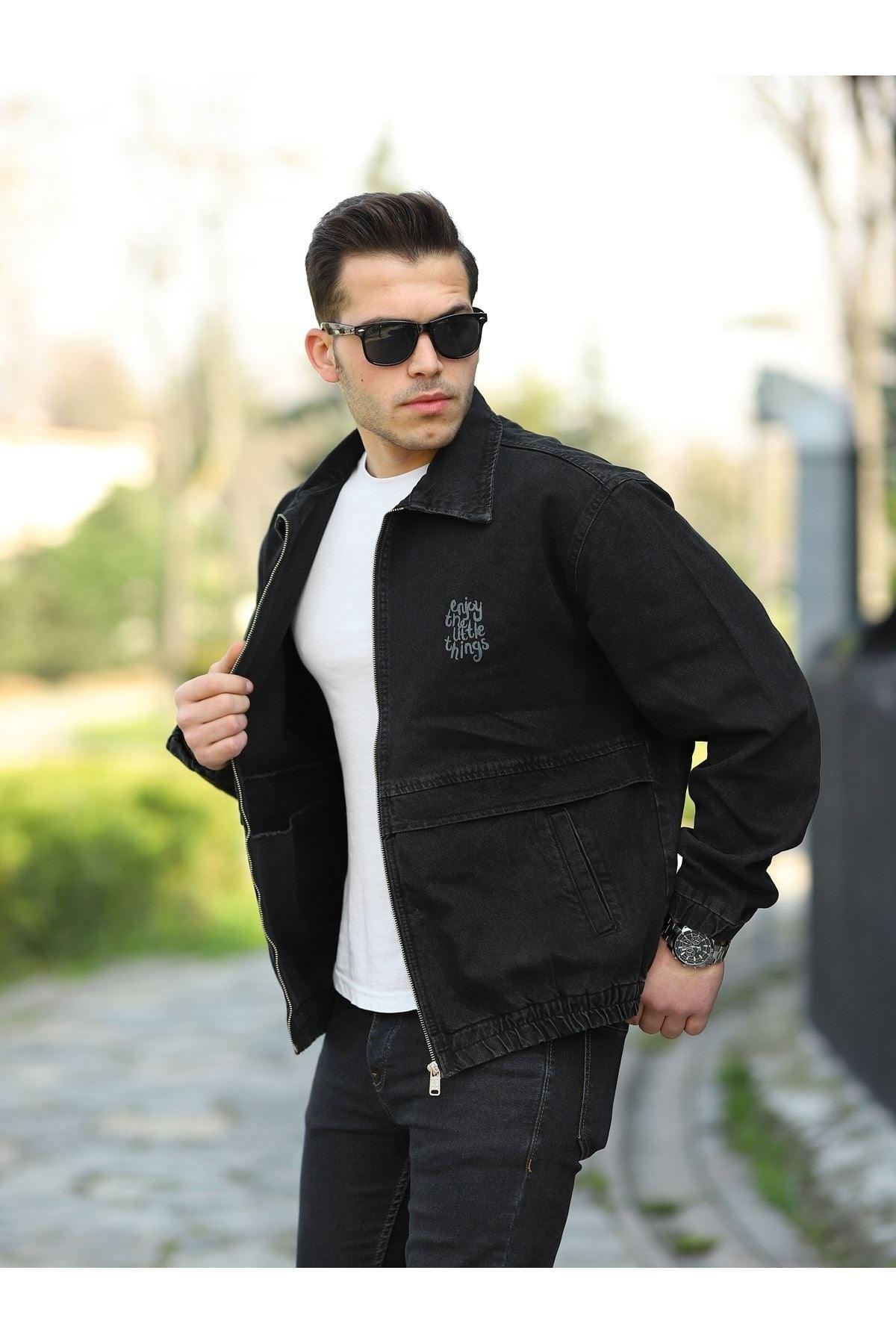 Oversize Black Printed Men's Zippered Bomber Denim Jacket - Swordslife