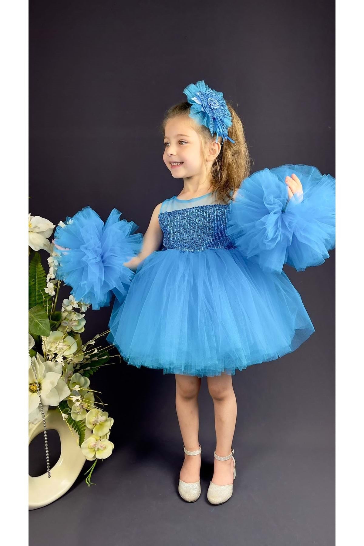 Chiffon Robe Pompom Sleeve Sequined Girls Fluffy Skirt Tulle Evening Dress Blue