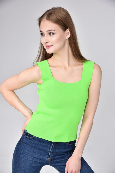 Women's Pistachio Green Thick Strap Square Collar Summer Athlete Knitwear Blouse - Swordslife