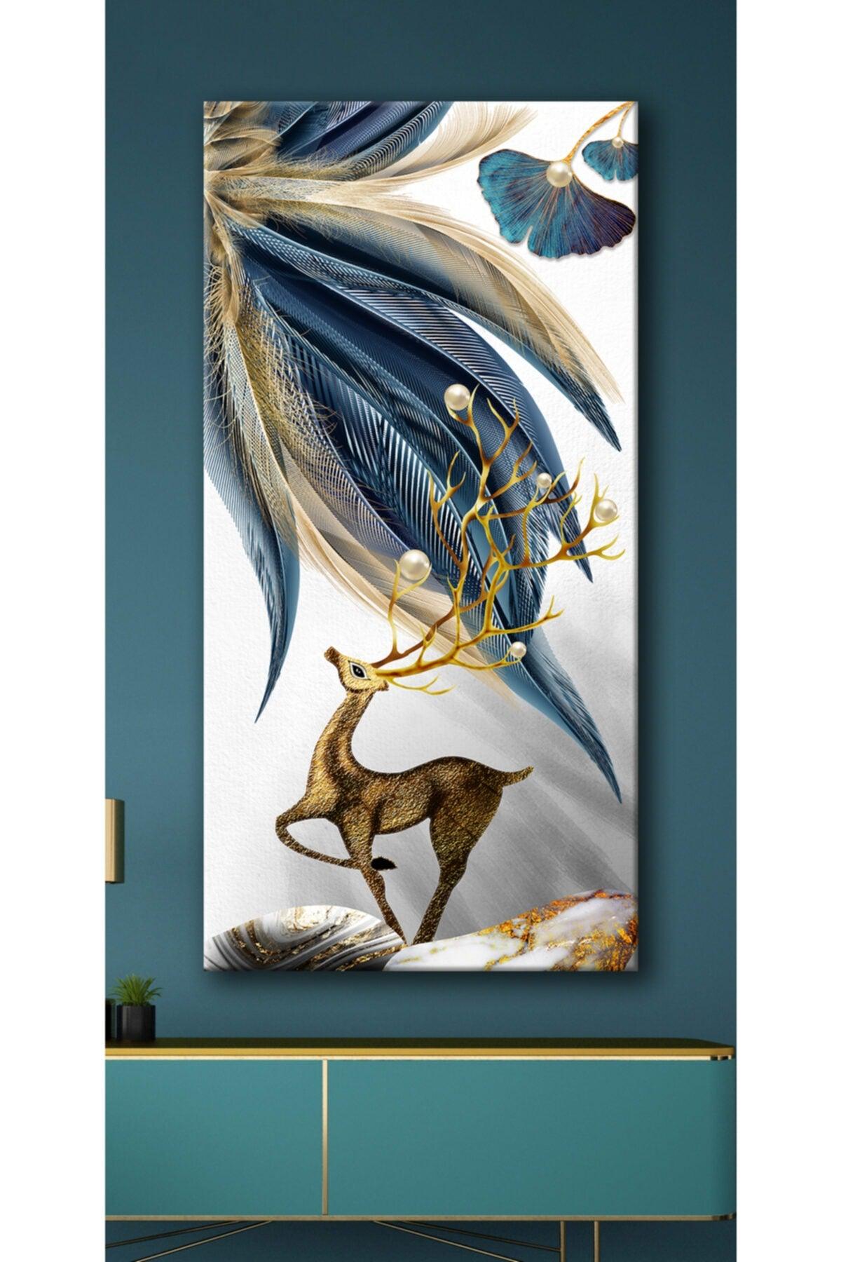 Decorative Bird Feathers And Gold Deer Canvas Painting - Voov329 - Swordslife