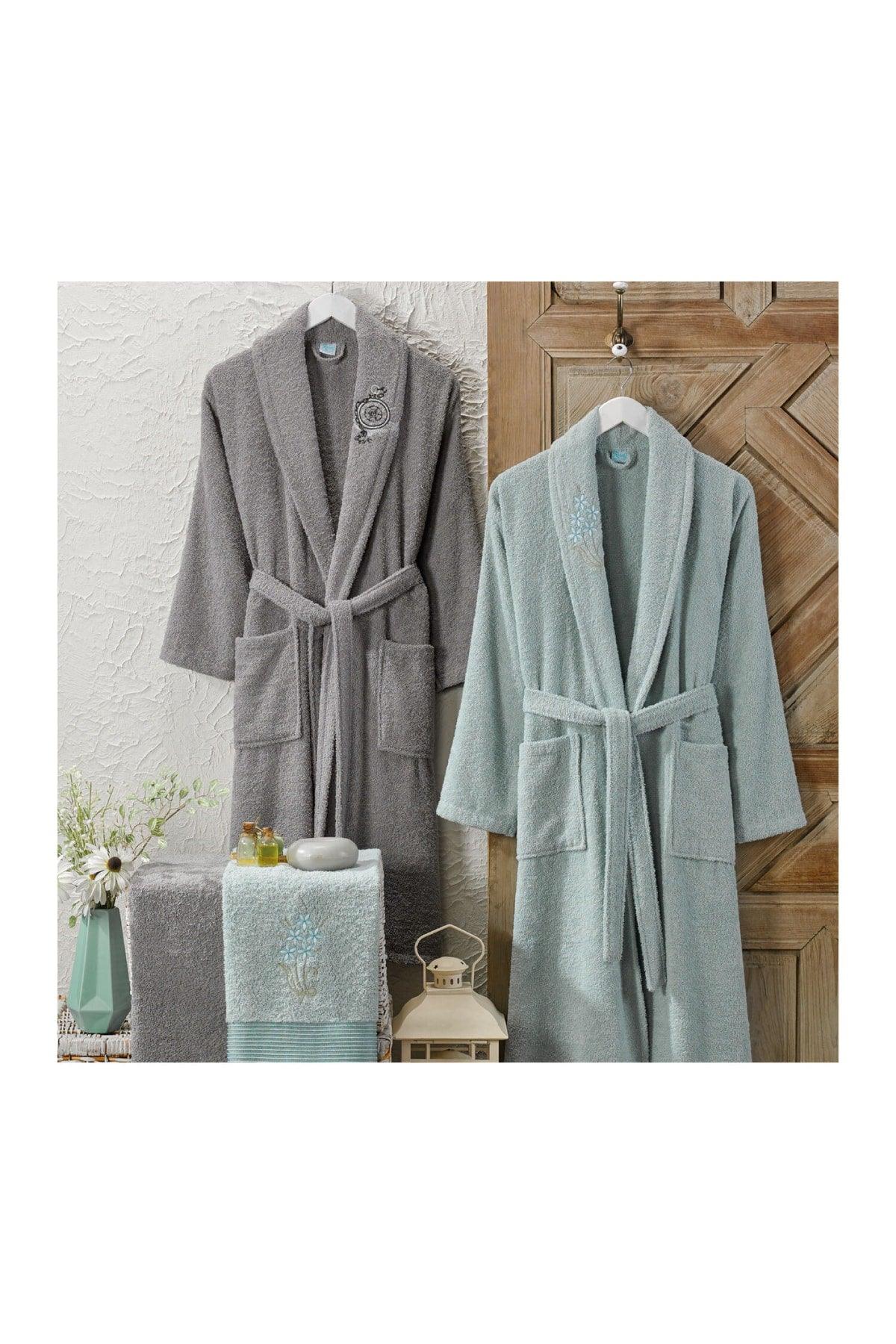 Embroidered Cotton 4-Piece Family Bathrobe Set Gray Mint Green - Swordslife