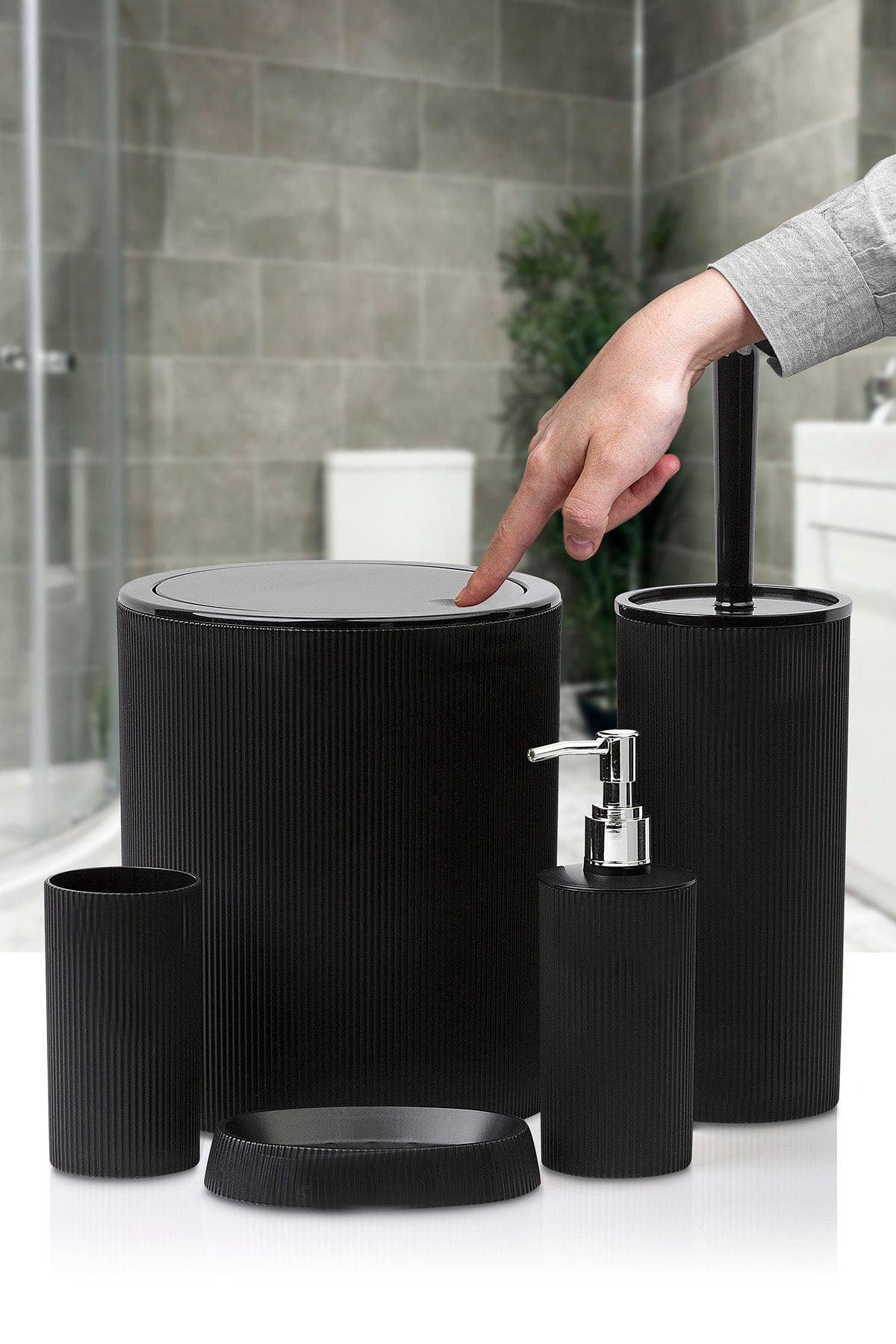 Trash Can Toilet Brush Liquid Soap Dispenser Toothbrush Holder Solid Soap Dispenser 5 Pieces Bathroom Set Black S-430 - Swordslife