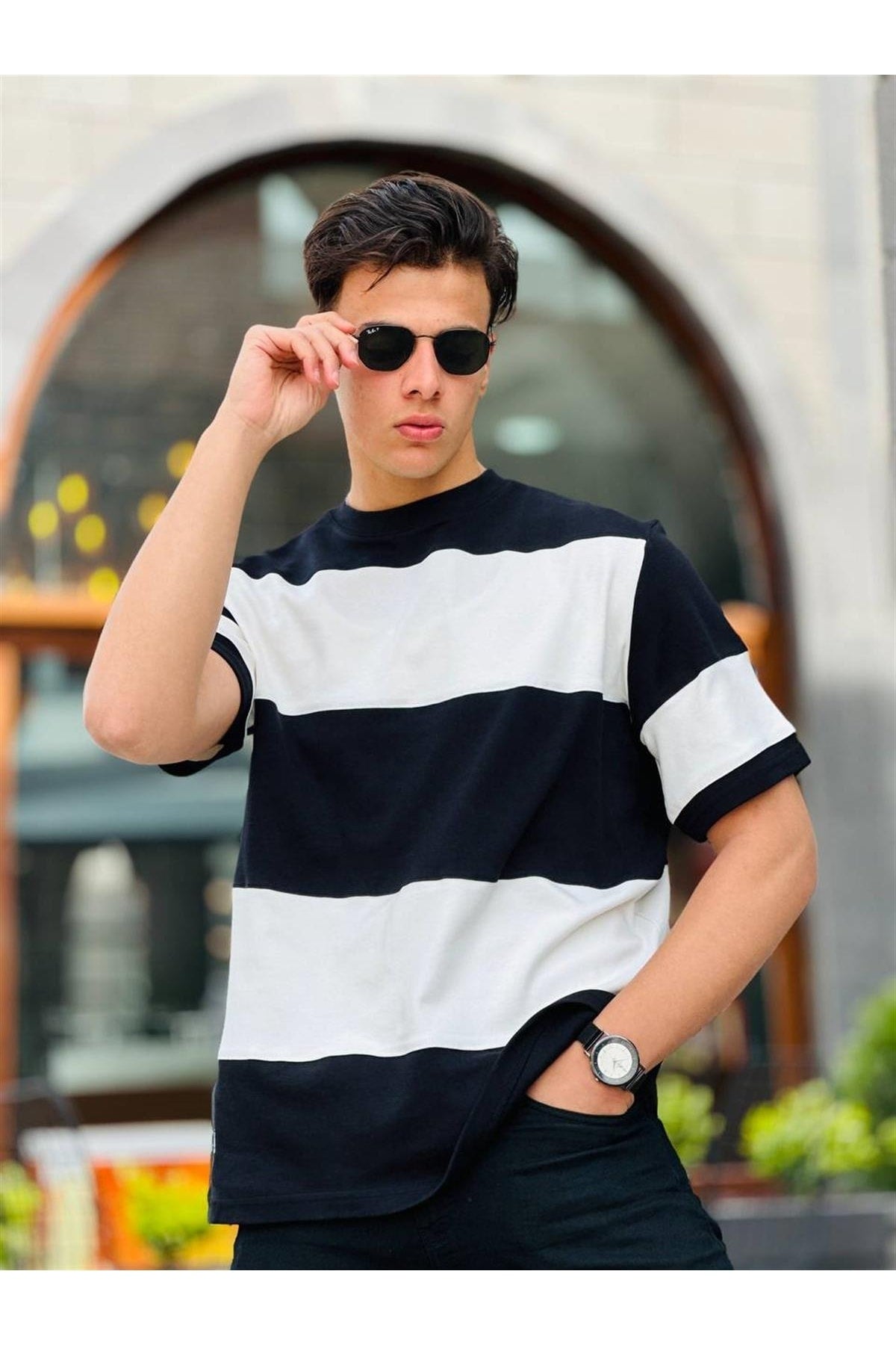 Two Color Short Sleeve T-Shirt Oversize-Black-White
